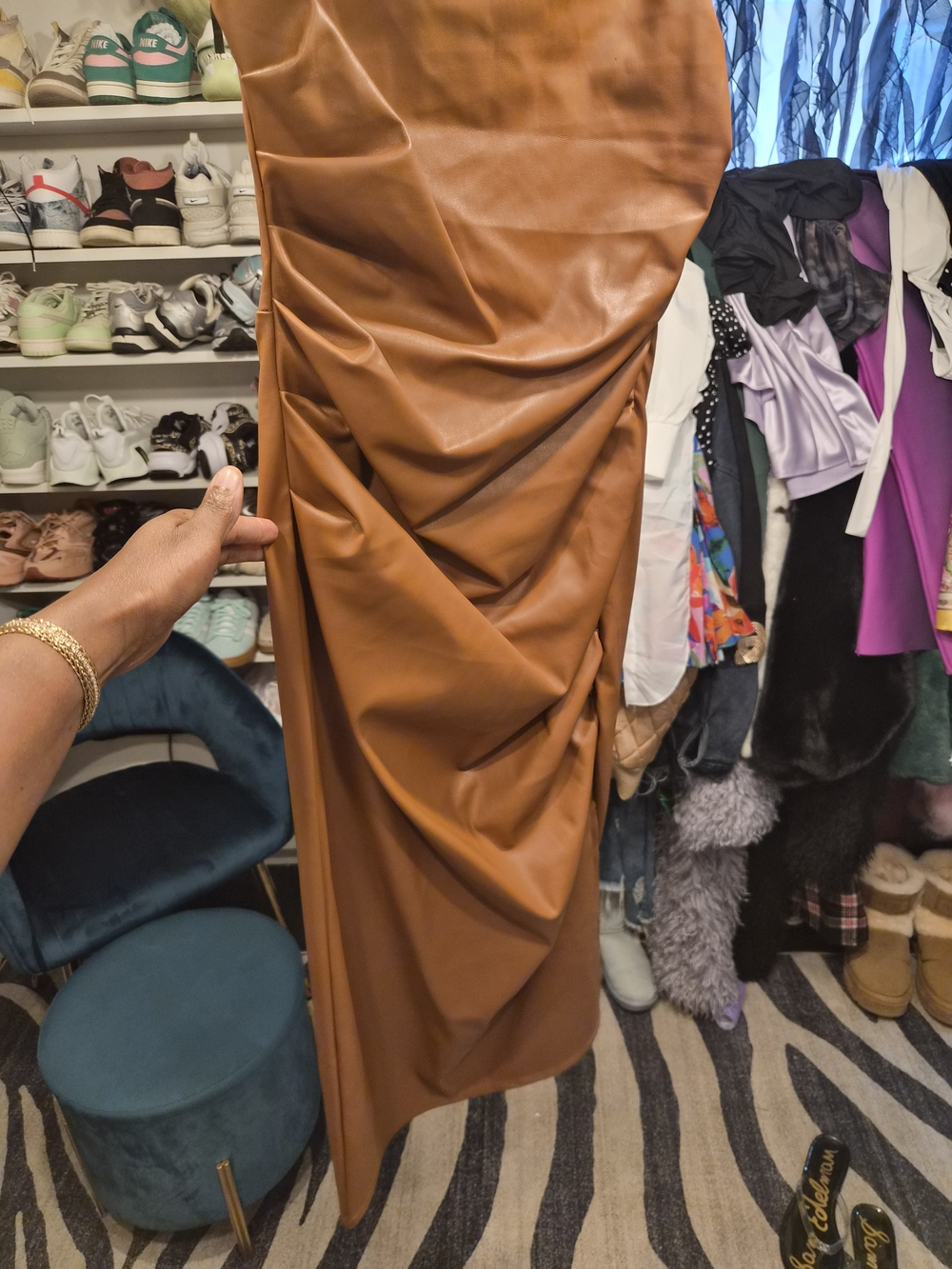 Haute Monde Brown Tan Faux Leather Ruched Midi Skirt